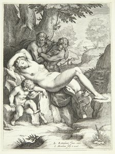 Venus og Amor sover og bliver iagttaget af satyrer af Jacob Matham