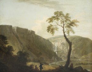 Et klippelandskab med et vandfald og en kunstner i forgrunden