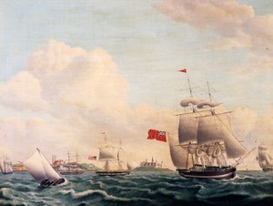 Skibe, der sejler gennem Øresund mellem Sverige og Danmark med Kronborg Slot i baggrunden af Jacob Petersen