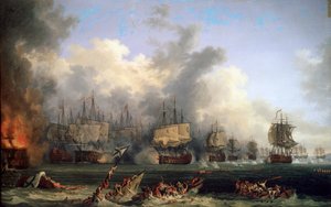 Det russiske slagskib St. Evstafius forlis i søslaget ved Chesma, 1771.