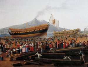 Lancering af skib i Castellammare di Stabia skibsværft (olie på lærred) af Jacob Philippe Hackert