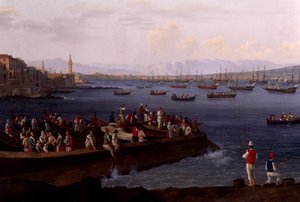 Napoli-bugten nær Santa Lucia, der viser flådeflåderne, der vender tilbage fra Algier af Jacob Philippe Hackert