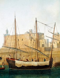 Udsigt over et skib i havnen i Monopoli, Apulien, Italien - (skib i havnen i Monopoli) Maleri af Jacob Philipp Hackert dit Hackert d
