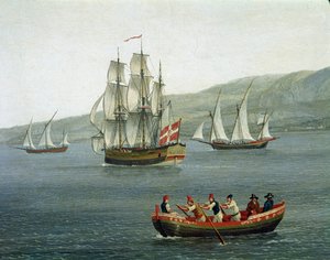 Udsigt over skibe i Detroit of Messina, Reggio Calabria, Italien - (Skibe i liget af Messina mellem Reggio Calabria og Sicilien) Detaljemaleri af Jacob Philipp Hackert dit Hackert d
