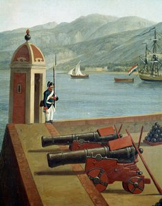 Udsigt over de militære befæstninger i havnen i Reggio Calabria (Udsigt over Reggio Calabrias militære befæstninger) Detalje af en vagt og kanoner (kanoner og vagt) - Maleri af Jacob Philipp Hackert dit Hackert d