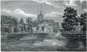 Gravering af St Nicholas Church Chiswick af Schnebbelie 1807