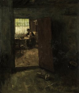 Husinteriør med landkvinde og barn af Jacob Simon Hendrik Kever