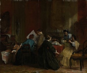 Selskab af damer, der ser stereoskopiske fotografier, før 1868