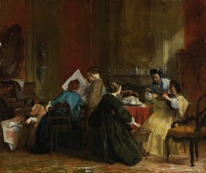 Gruppe af kvinder ser på stereoskopiske fotografier, ca. 1868 (olie på panel)