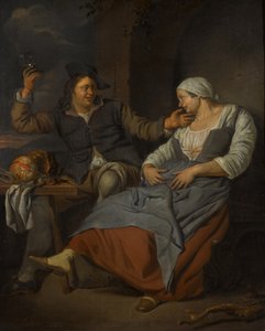 Et siddende par drikker vin af Jacob Toorenvliet