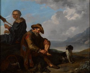Et sydligt kystlandskab med et par figurer og en hund af Jacob Toorenvliet