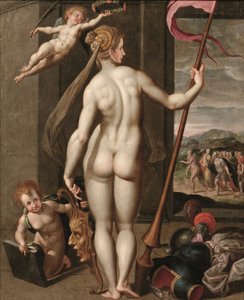 Minerva holder en lanse, mens den bliver kronet med laurbær af en putto (olie på lærred) af Jacob de (studio of) Backer