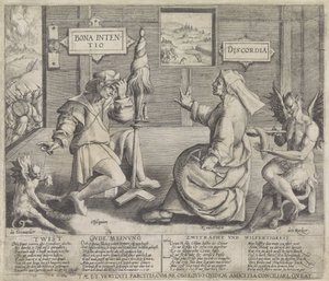 Allegori med personificeringer af den gode hensigt (Bona Intentio) og uenigheden (Discordia) af Jacob de Gheyn (I) (circle of)