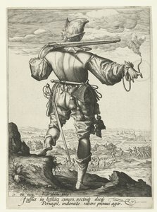 Musketer (harquebusier?) med hjelm på Officerer og soldater (serietitel) af Jacob de Gheyn (II)
