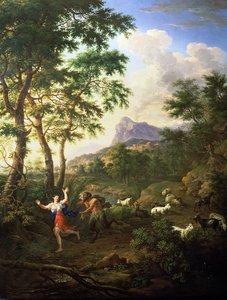 Et arkadisk landskab med Pan og Syrinx af Jacob de Heusch