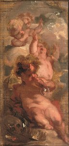 An Allegory of Vanitas: Fire putti, der blæser bobler, et kranium, en kunstners palet og en krone i nærheden (olie på lærred lagt ned på panelet)