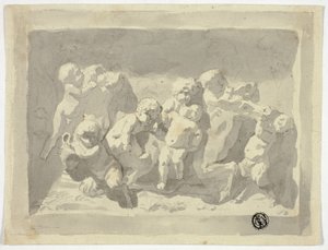Baby-satyrer og putti leger med æsel af Jacob de Wit