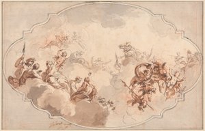 Design til et loft: Apotheosis of Callisto eller Diana (recto) og skitse af figurer (verso) af Jacob de Wit