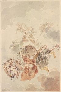Genier og amoriner samlet omkring en kurv med blomster, der stiger op mod himlen af Jacob de Wit