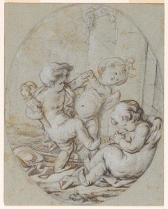 Three Putti: Design til et Grisaille-maleri af Jacob de Wit