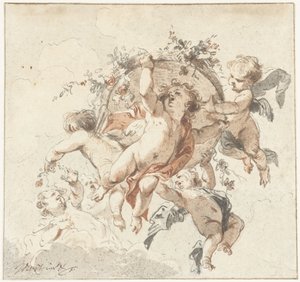 Flydende keruber med en blomsterkurv af Jacob de Wit