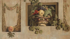 Stilleben med frugt- og blomsterguirlander