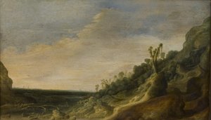 Bjerglandskab med udsigt over en flod og havet af Jacob van Geel
