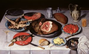 Morgenmadsstykke med fisk, skinke og kirsebær, 1614