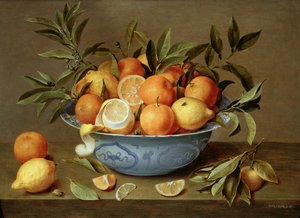 Stilleben med appelsiner og citroner i et Wan-Li porcelænsfad