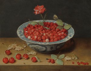 Vilde jordbær og en nellike i en Wan-Li skål, ca. 1620.