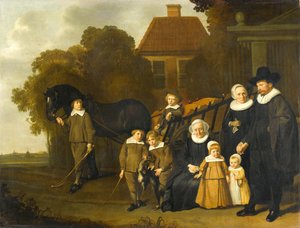 Gruppeportræt af familien Meebeeck Cruywagen ved porten til deres landsted på Uitweg nær Amsterdam af Jacob van Loo (attributed to)