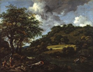 Et bakket landskab med høje egetræer af Jacob van Ruisdael