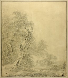 Dødt træ ved vandkanten, figur nærmer sig med pæl af Jacob van Ruisdael