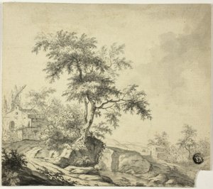 Landskab med træ på vej til bygninger af Jacob van Ruisdael