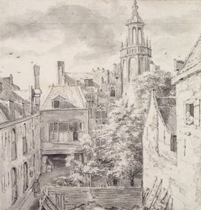 Udsigt over gården til House of the Archers of the St. Sebastian Guild på Singel i Amsterdam (blyant og vask på papir) af Jacob van Ruisdael