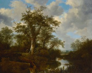 Skovlandskab med kvæg, der krydser et vandløb af Jacob van Ruisdael