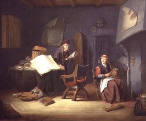 Interiør med en lærd og en gammel dame, der spinder (panel) af Jacob van Spreeuwen