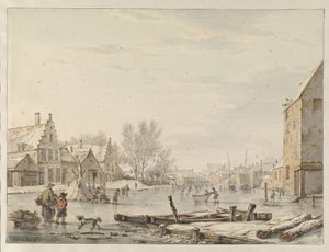 Udsigt til bymuren ved Dordrecht om vinteren af Jacob van Strij