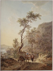 Italienskpræget landskab med et hyrdepar på en landevej af Jacob van Strij