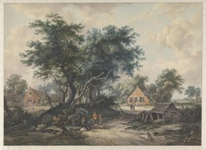 Efter Hobbema. Bondehuse ved høje træer af Jacob van Strij