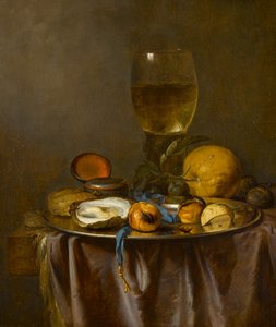Stilleben med rombe, ur, østers og frugt