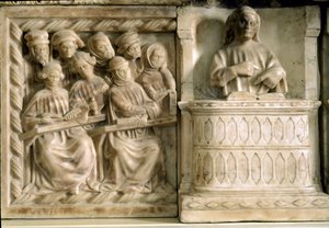 Begravelsesmonument for Carlo, Roberto og Riccardo da Saliceto: studerende, der deltager i et kursus (skulptur, ca. 1403) af Jacobello and Pier Paolo dalle Masegne