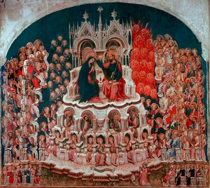 Kroningen af Jomfruen i Paradis maleri på træ af Jacobello del Fiore (1370-1439). Galleriet i Accademia Venedig fra det 15. århundrede