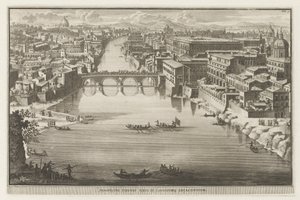 Udsigt over Rom med Ponte Sisto over floden Tiberen Prospekt Pontis Sixti IV locorumq adjadentium (titel på objektet) Udsigt over Rom (serietitel) La Galerie agreable du mond (...) divisée en LXVI tomes...Cette partie comprend le Rome moderne af Jacobus Baptist