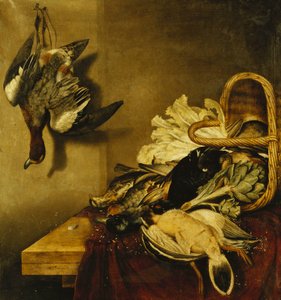 En væltet kurv med høns, en hare, en artiskok og salat på en afsats draperet med et rødt klæde, af Jacobus Biltius
