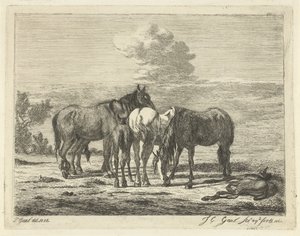 Fire heste og to føl af Jacobus Cornelis Gaal