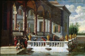 Italiensk palads med galleri og terrasse (maleri) af Jacobus Saeys