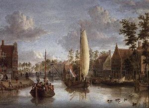 En kanal med pramme af Jacobus Storck