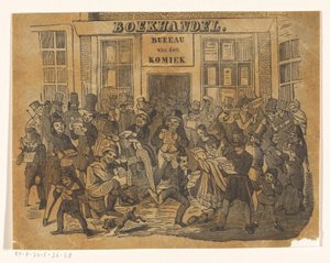 Mængde foran en boghandel for at få De Komiek af Jacobus Wilhelmus Adrianus Hilverdink (possibly)