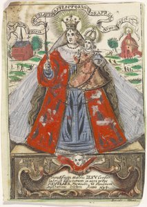 Mary med barn med to kirkebygninger bag sig af Jacobus de Man (I)